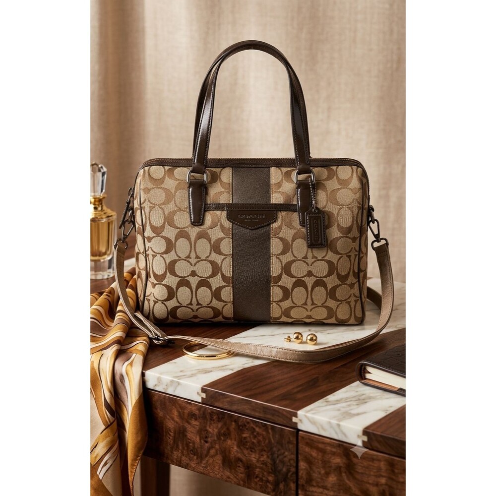 Coach F28505 Nancy Satchel Signature Stripe Beige Brown Handbag Tote w/ Shoulder